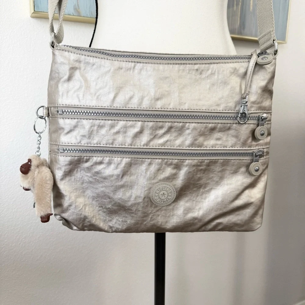KIPLING Alvar Purse Metallic Silver Crossbody Bag Multi Zippered Slingbag